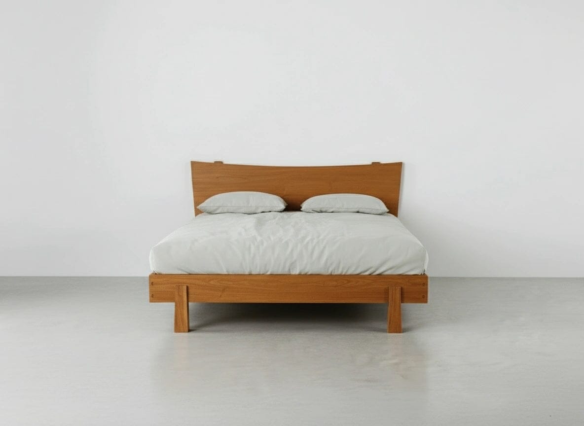 The Horizon Platform Bed - Solid Wood Cherry by TY Fine Furniture features a simple headboard and is neatly dressed in white bedding with two pillows, positioned against a plain white wall on a light gray floor.