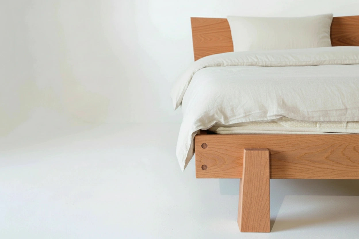 Close up of the Horizon Platform Bed in cherry wood. Made in the USA using natural hardwood by T.Y. Fine Furniture.