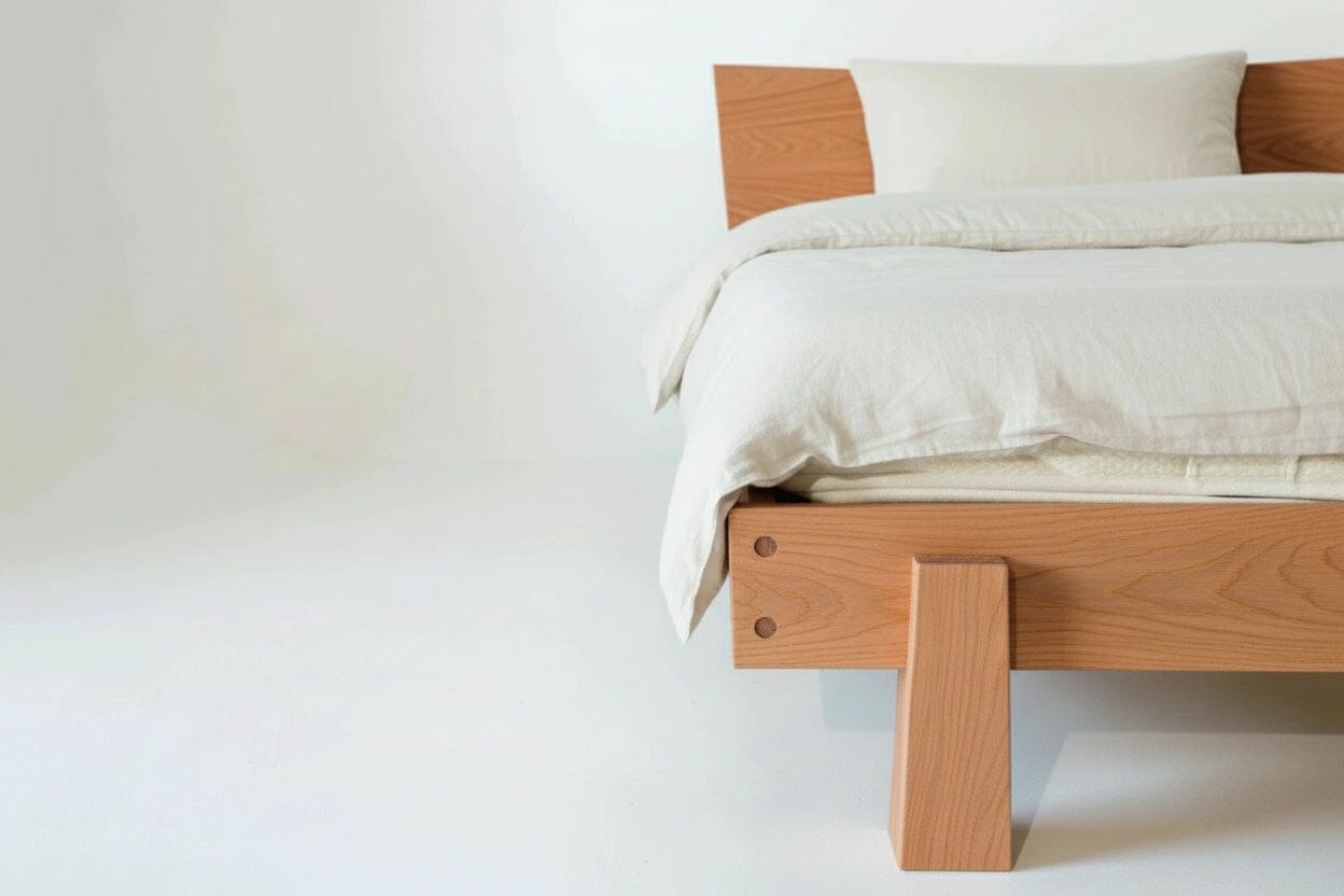 The Horizon Platform Bed by TY Fine Furniture is partially shown, featuring a minimalist cherry wood frame and headboard with white bedding and a pillow, set against a plain white background.