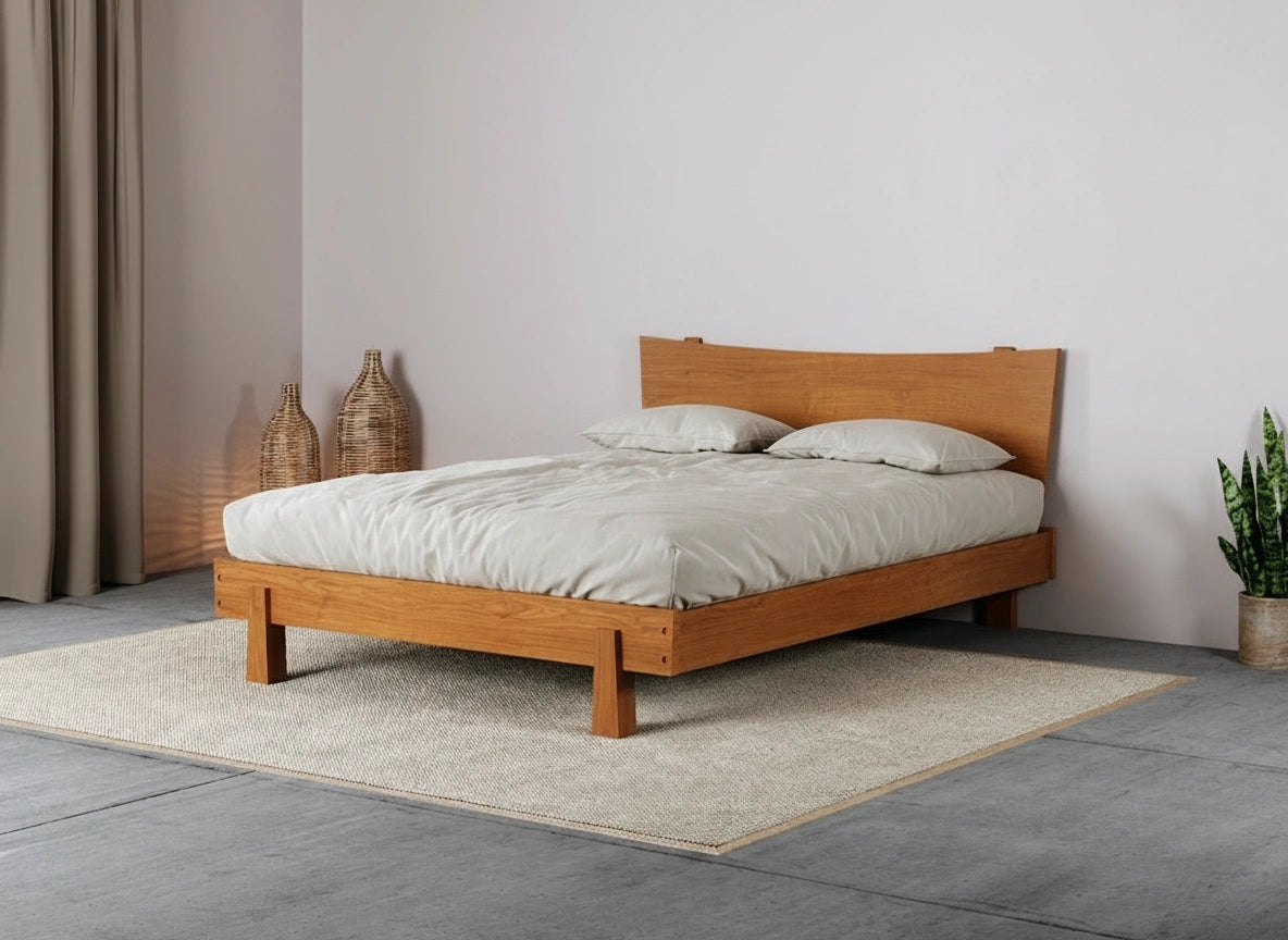 Front view of the Horizon Platform Bed in cherry wood, inside a modern bedroom. Made in the USA using natural hardwood by T.Y. Fine Furniture.