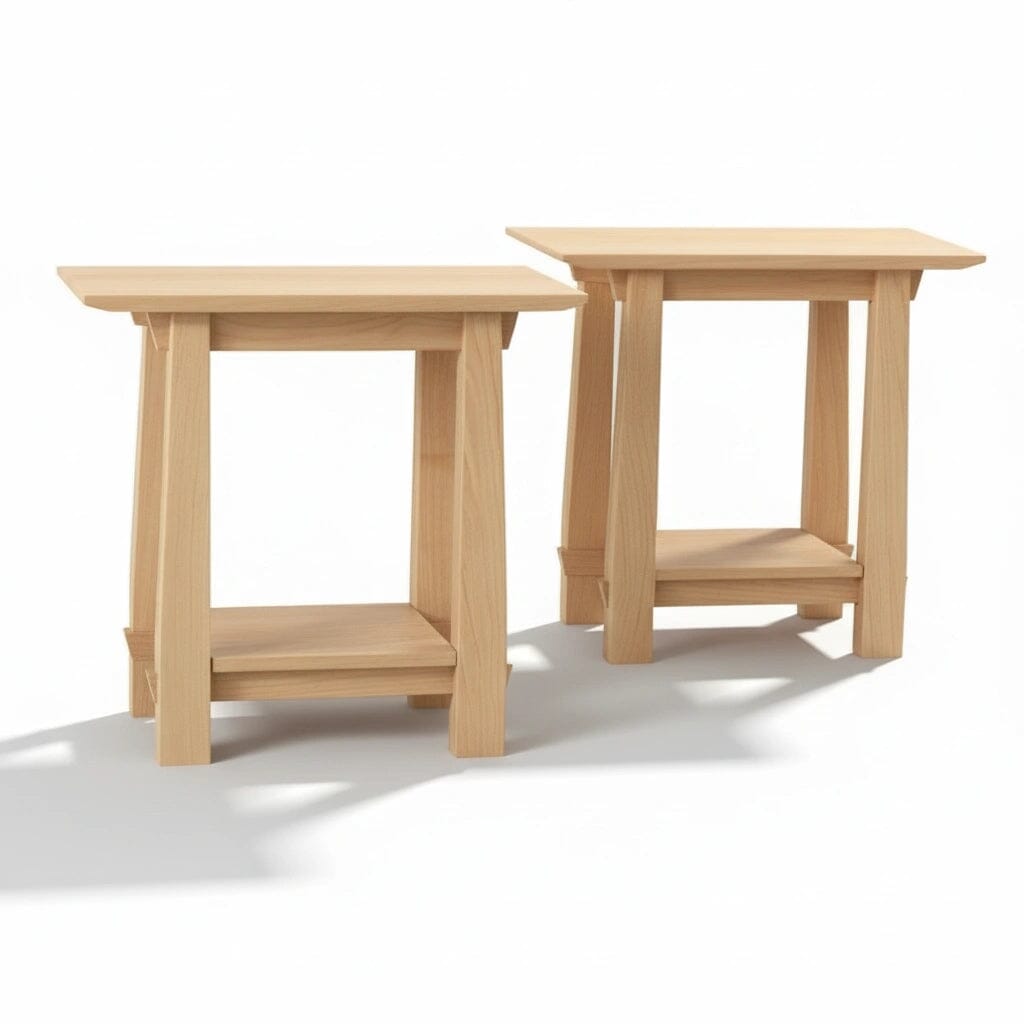 Two Horizon Side Tables in Maple from TY Fine Furniture, crafted from solid wood in Columbus, OH, feature rectangular tops, angled legs, and lower shelves—showcasing minimalist Japanese-inspired design side by side on a white background.