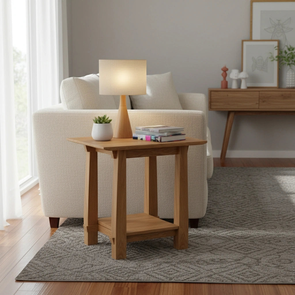 A modern living room features the TY Fine Furniture Horizon Side Table in solid white oak with a lamp, plant, and books beside a white sofa. A gray patterned rug and mid-century console table complete the contemporary look.