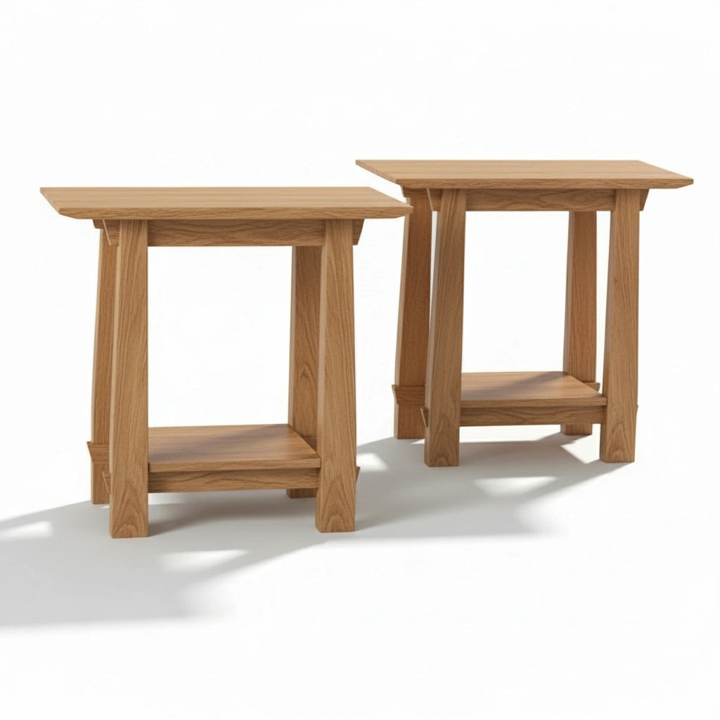 A pair of Horizon Side Tables by TY Fine Furniture, crafted from solid white oak with rectangular tops, slanted legs, and lower shelves, are displayed on a white background in a simple, modern style.