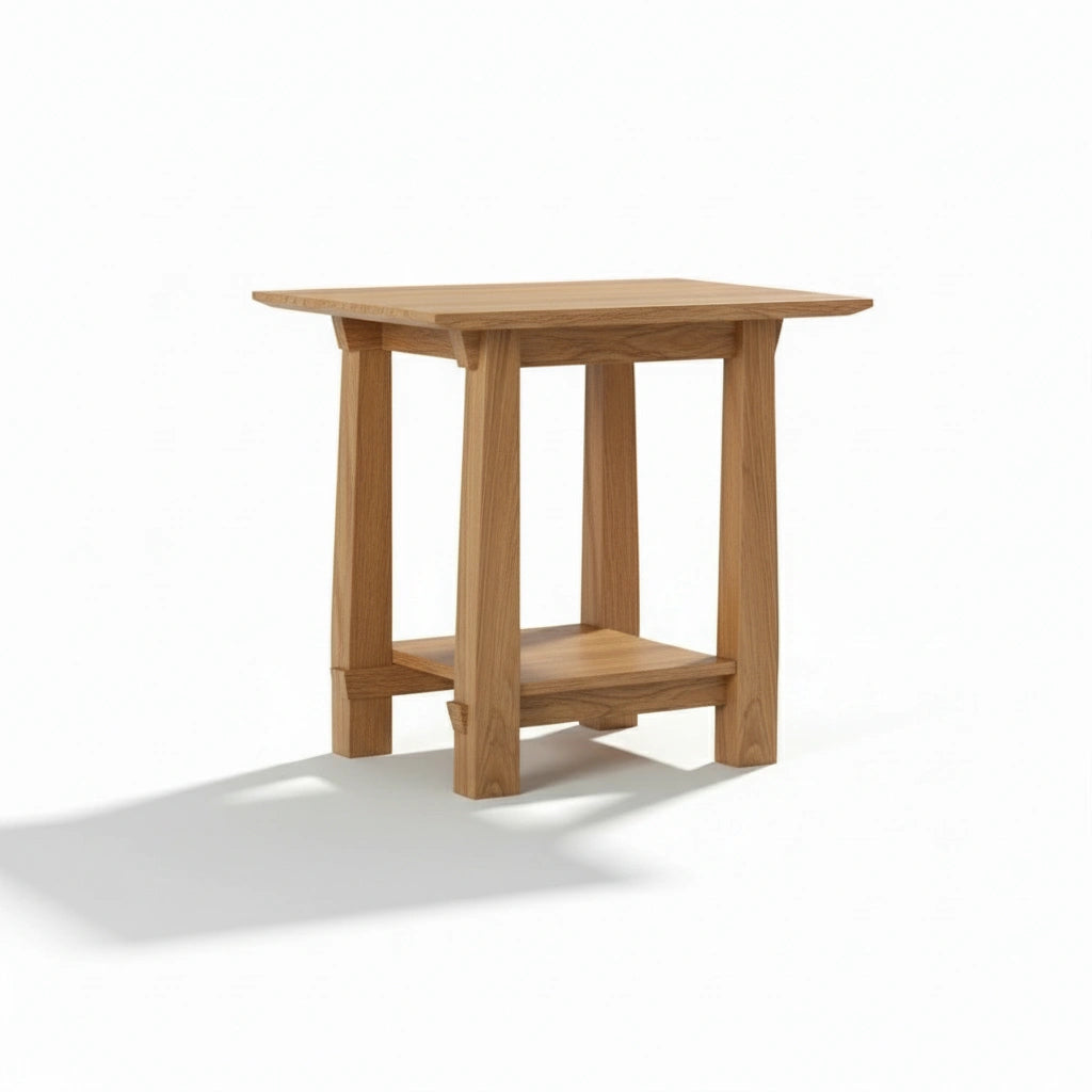 The Horizon Side Table Solid Wood - White Oak by TY Fine Furniture features a rectangular top, four straight legs, and a lower shelf, standing out as a contemporary piece displayed against a plain white background.