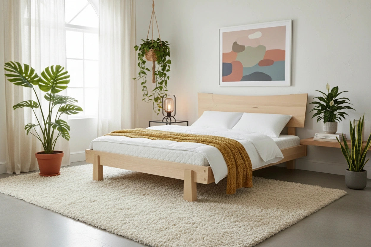 Horizon Platform Bed in solid wood maple, inside a bedroom with a modern aesthetic. This bed frame is made in USA.