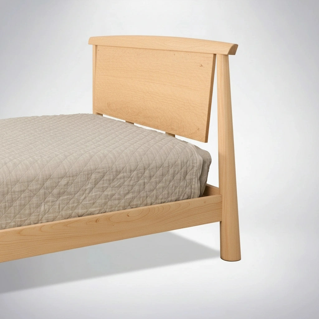 Wooden bed frame with a beige mattress on a white background. This is the Sunrise Platform Bed, made in USA, using hard maple.