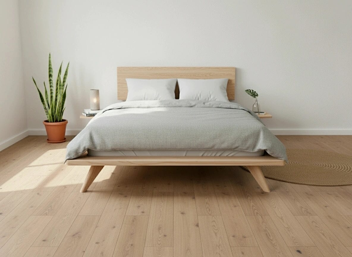 Atomic platform bed in hard maple wood, in full view inside a modern bedroom. This bed frame is made in USA, using natural hardwood.