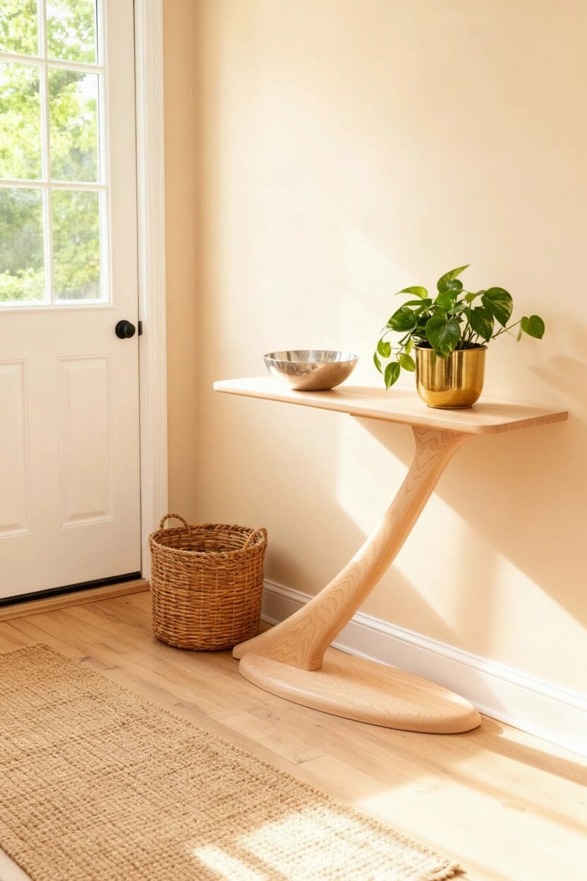 The TY Fine Furniture Cantilever Console Hall Table in maple, a small and modern eco-friendly piece with a curved base, sits against a beige wall. A potted plant and metal bowl rest on top, while sunlight streams through a glass door.