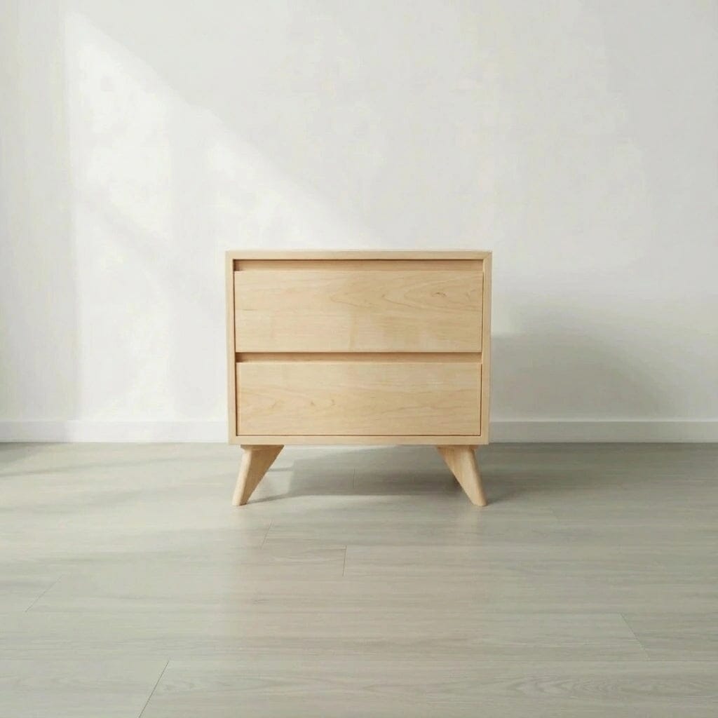 The Modern Cube Side Table in Maple by TY Fine Furniture stands on a light gray wooden floor against a plain white wall, showcasing solid hard maple construction and mid-century modern style.