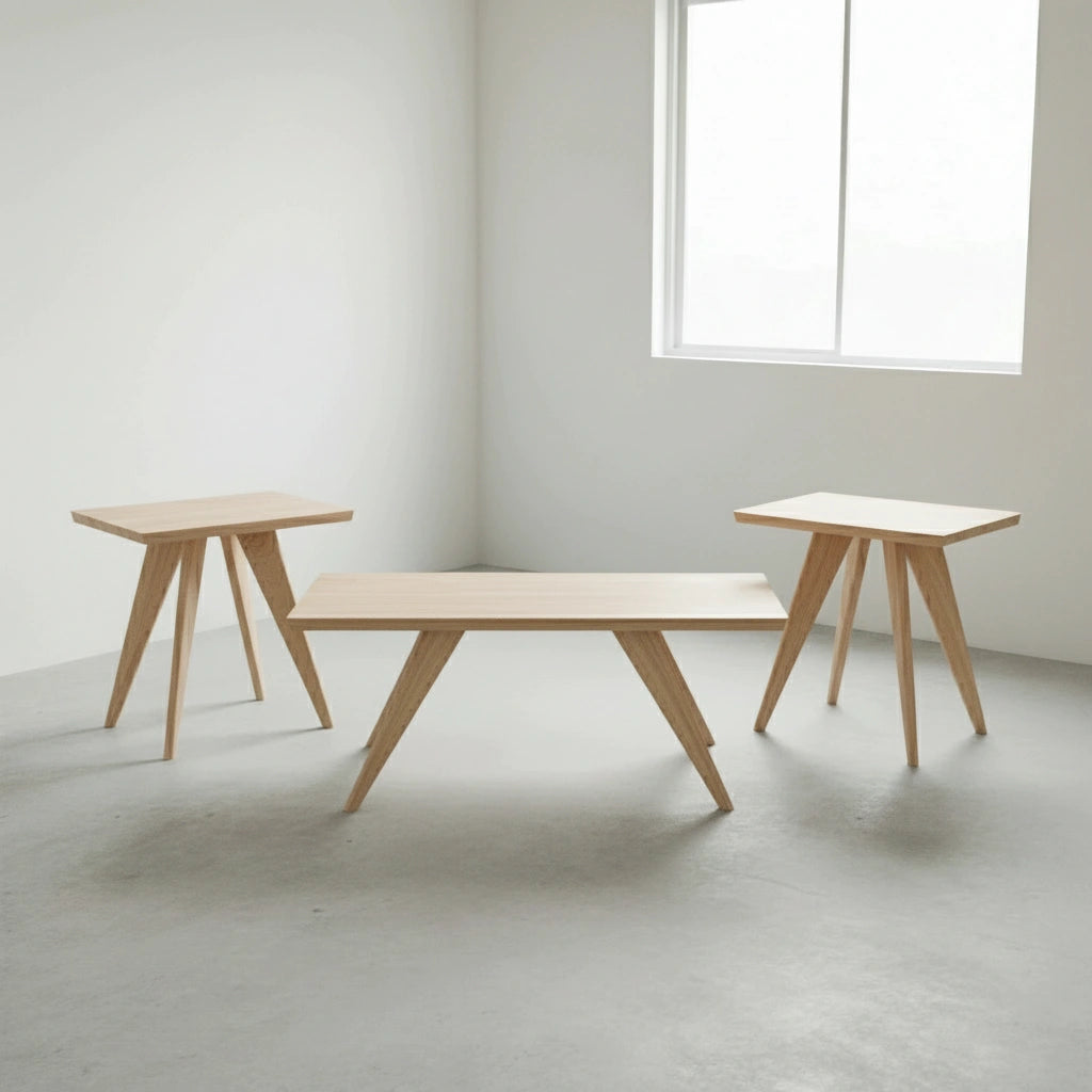 Three TY Fine Furniture Essentials Solid Wood Side Tables in maple—a pair of square and one rectangular—showcase minimalist, mid-century modern style with sleek lines and a matching light finish in a bright room.