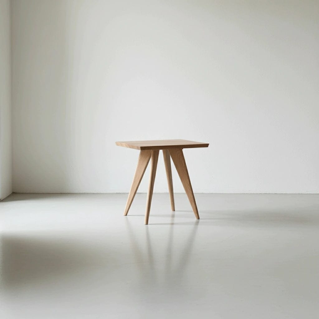 The TY Fine Furniture Essentials Solid Wood Side Table Maple, featuring four angled legs and a modern design, stands in a minimalist room with white walls and a smooth light gray floor.