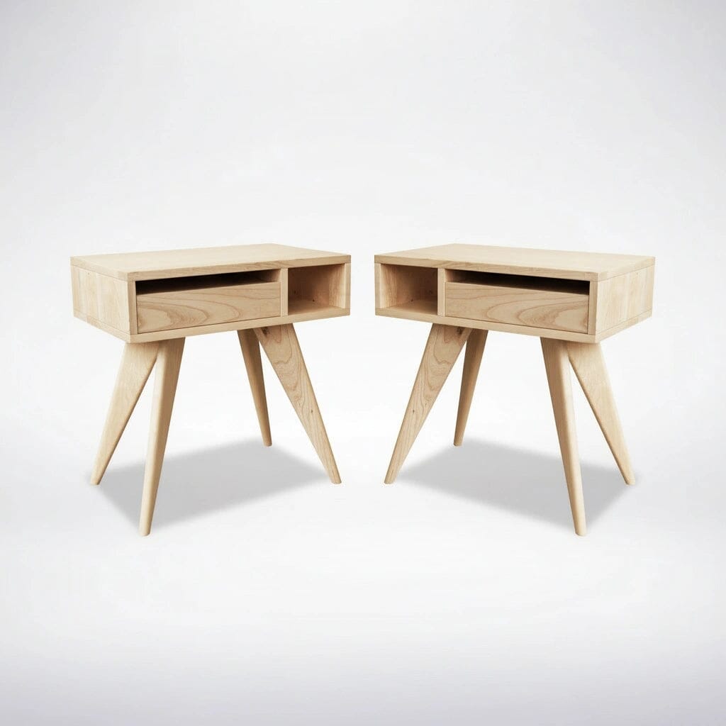 The TY Fine Furniture Mid-Century Modern Side Table in maple features angled legs and open storage, offering a stylish light wood finish that perfectly complements platform beds and handcrafted furniture collections.