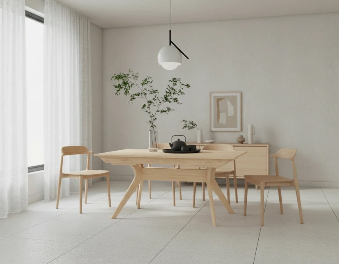 Minimalist dining room featuring the Strata Extendable Dining Table in maple by TY Fine Furniture, paired with matching chairs, a teapot and vase on the table, sideboard, abstract wall art, and sheer curtains filtering gentle natural light.