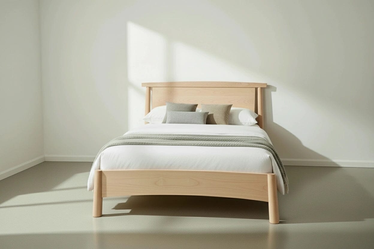 Wooden bed with white bedding in a minimalist bedroom with soft white walls and concrete floors