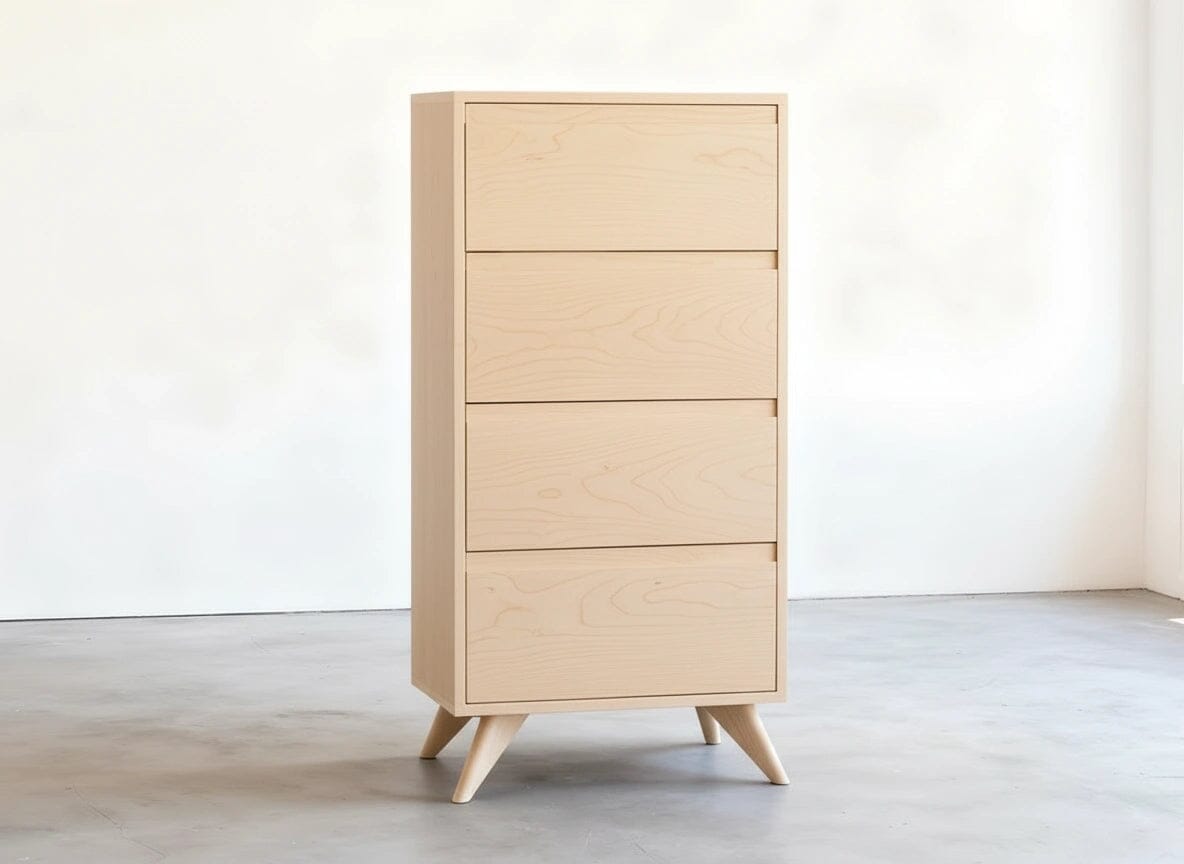The Tall Modern Dresser in Maple by TY Fine Furniture features four drawers, angled legs, and a minimalist design, blending mid-century modern style with timeless appeal—crafted from solid wood in Columbus, OH.