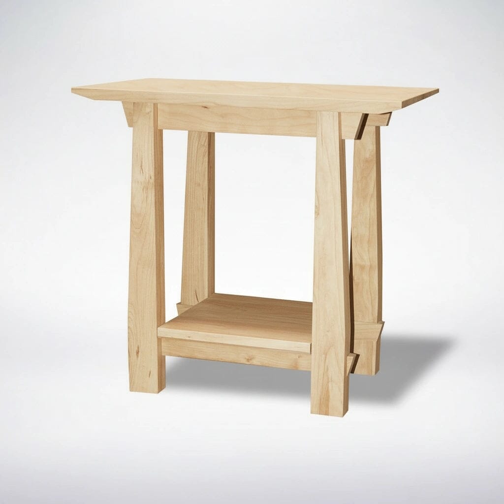The Horizon Side Table in Maple by TY Fine Furniture is a minimalist solid wood piece, crafted in Columbus, OH, with a light finish, rectangular shape, angled legs, and lower shelf—shown on a plain white background.