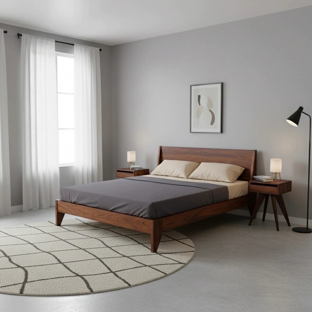 A modern bedroom featuring TY Fine Furniture's Modern "TWO" Platform Bed in solid walnut, gray bedding, wooden nightstands with lamps, a round patterned rug, black floor lamp, and a large window with sheer white curtains.