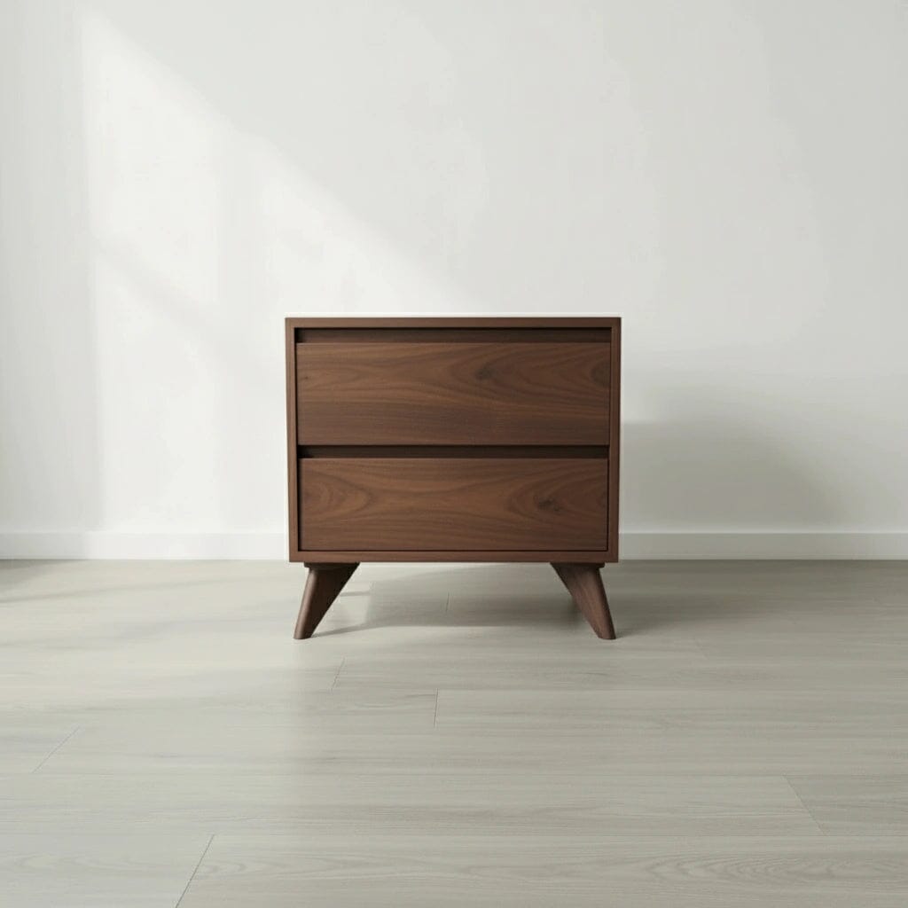 The Modern Cube Side Table in Walnut by TY Fine Furniture features solid wood, two drawers, and angled legs, perfect for showcasing handcrafted style on light flooring against a white wall. Made in Columbus, OH.