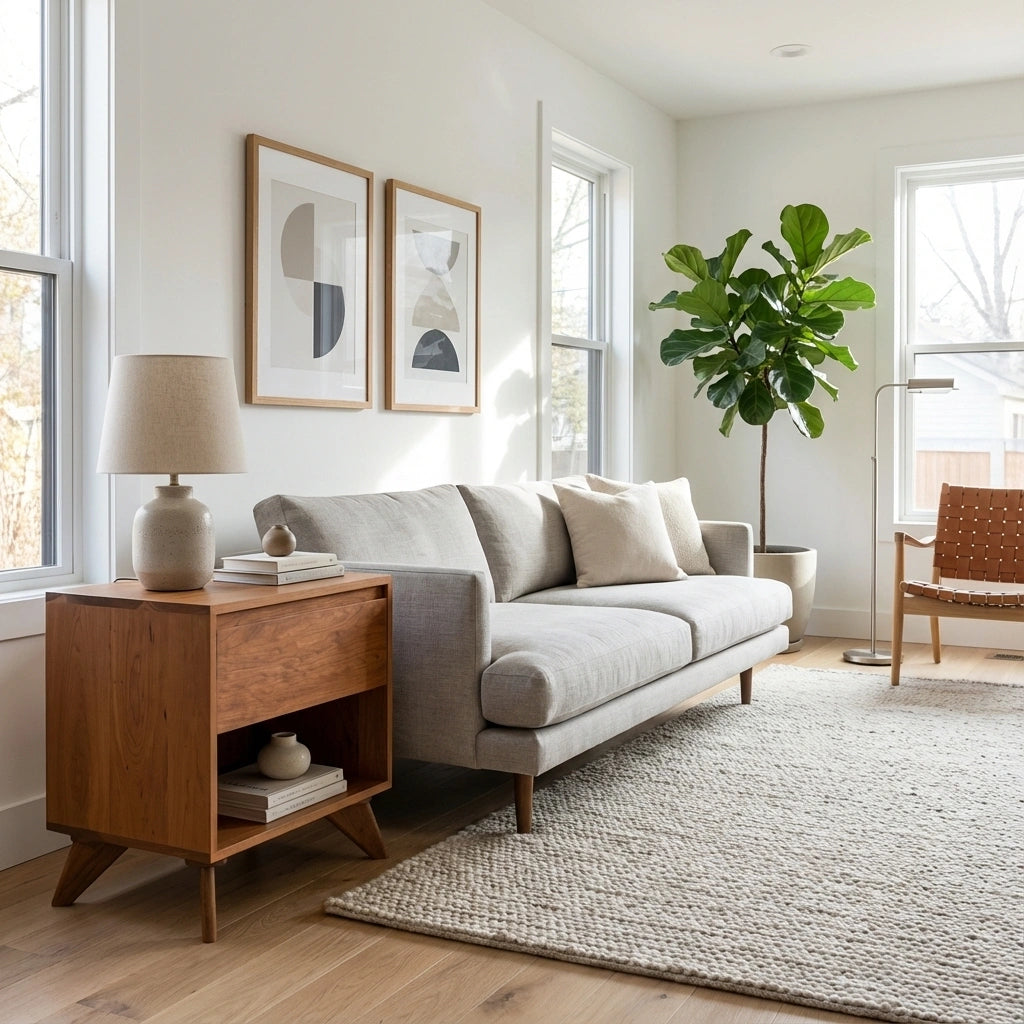 A bright living room with a gray sofa, beige cushions, TY Fine Furniture's Modern Cube Side Table in cherry featuring Italian push-to-open drawer slides, a woven rug, potted plant, modern wall art, and large windows letting in natural light.