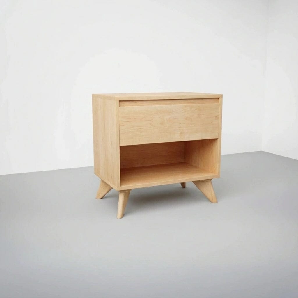 The Modern Cube Side Table in Maple by TY Fine Furniture features angled legs, a top drawer, and an open shelf for mid-century flair—perfect against a white wall and gray floor.