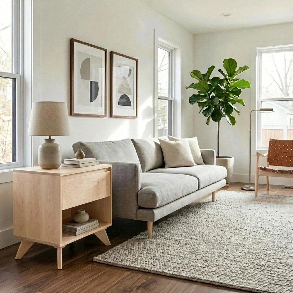 A bright, modern living room with a light gray sofa, neutral pillows, a TY Fine Furniture Modern Cube Side Table in Maple (Solid Wood) from Columbus OH topped with a lamp, abstract wall art, potted plant, woven chair, and sunny windows for mid-century charm.