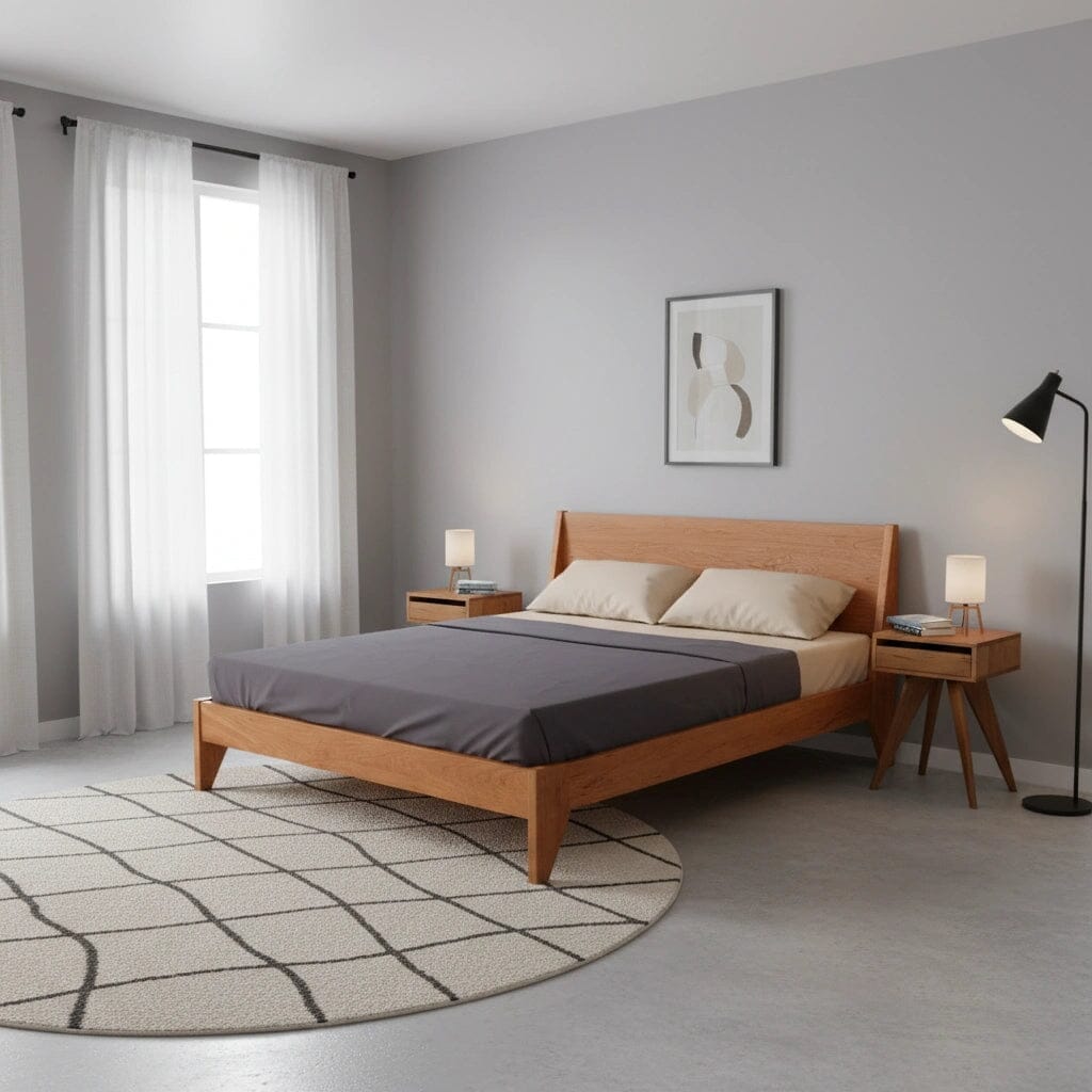 A modern bedroom features the TY Fine Furniture Modern "TWO" Platform Bed in solid cherry wood, gray bedding, two matching nightstands with lamps, a black floor lamp, round patterned rug, white curtains, and minimal wall art on a light gray wall.