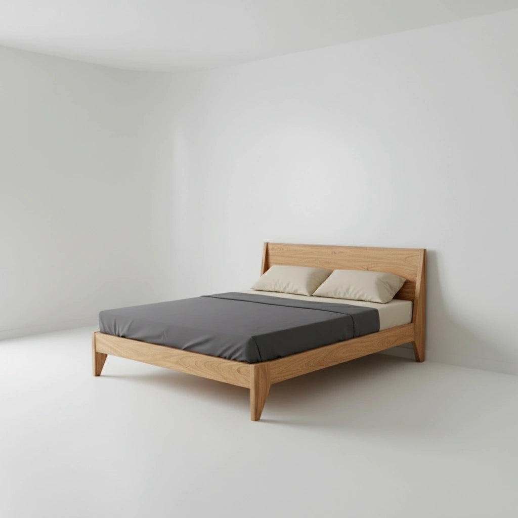 A minimalist bedroom with TY Fine Furniture’s Modern "TWO" Platform Bed in solid white oak, featuring gray bedding and two beige pillows, all set against white walls and a pristine white floor.