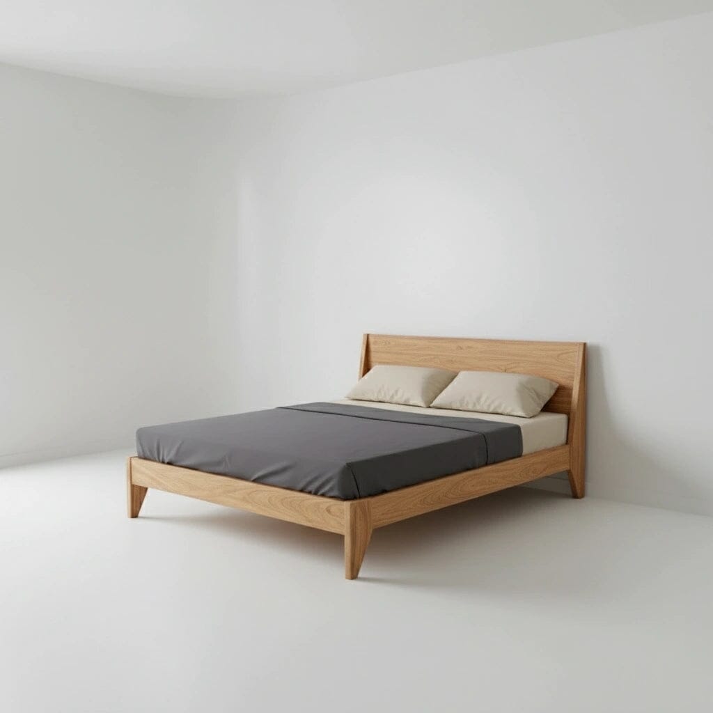 A minimalist bedroom with TY Fine Furniture’s Modern "TWO" Platform Bed in solid white oak, featuring gray bedding and two beige pillows, all set against white walls and a pristine white floor.