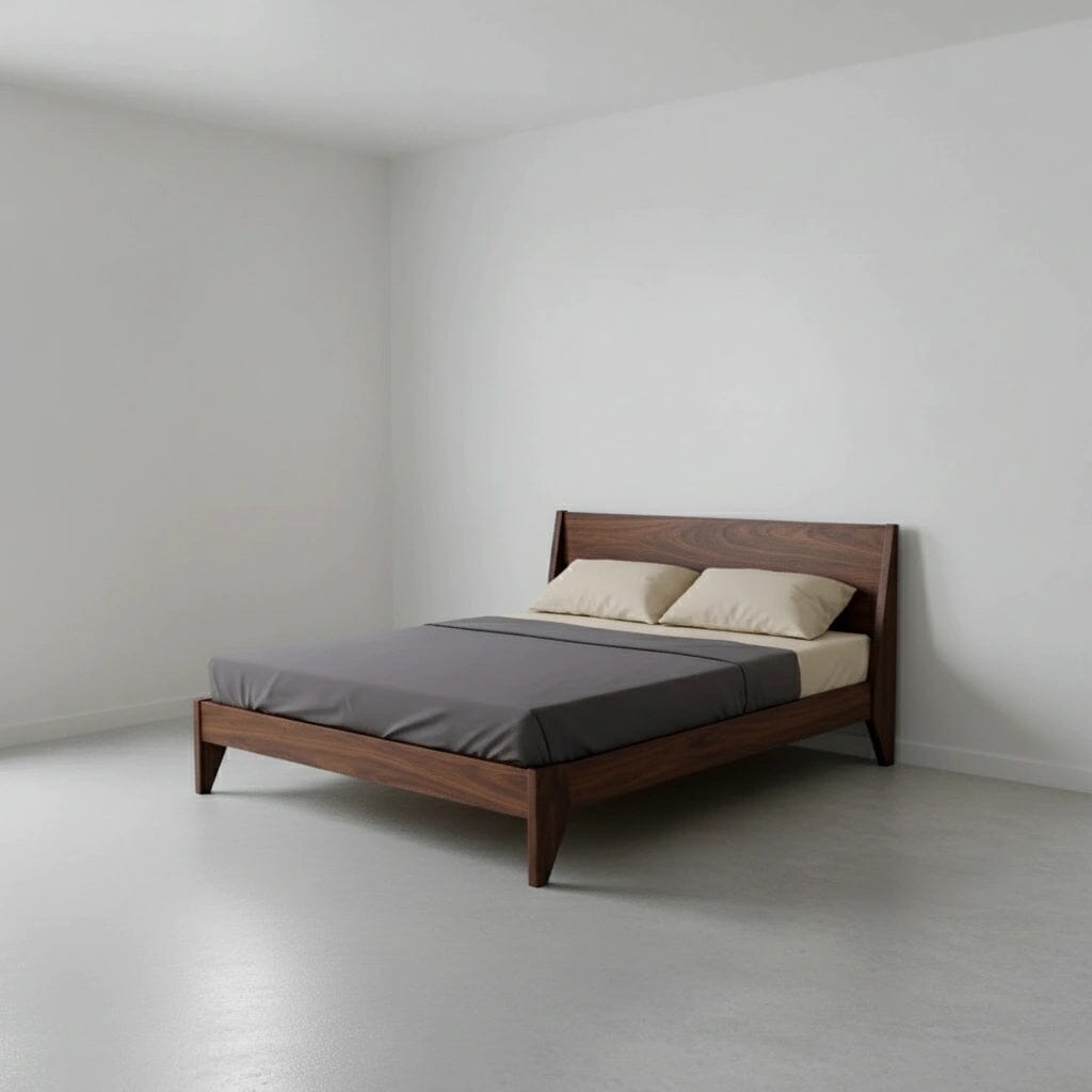 A minimalist bedroom with the Modern "TWO" Platform Bed by TY Fine Furniture, handmade from solid walnut with an organic finish, styled with gray bedding and beige pillows against white walls and a light floor.