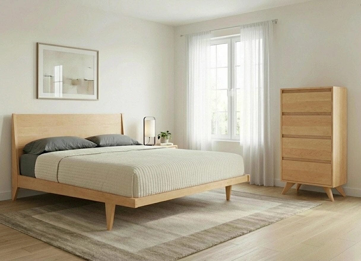 Minimalist bedroom with a wooden bed frame, gray pillows, beige bedding, a TY Fine Furniture Tall Modern Dresser in Maple, a nightstand with lamp, large window with sheer curtains, and light area rug on wood floors.