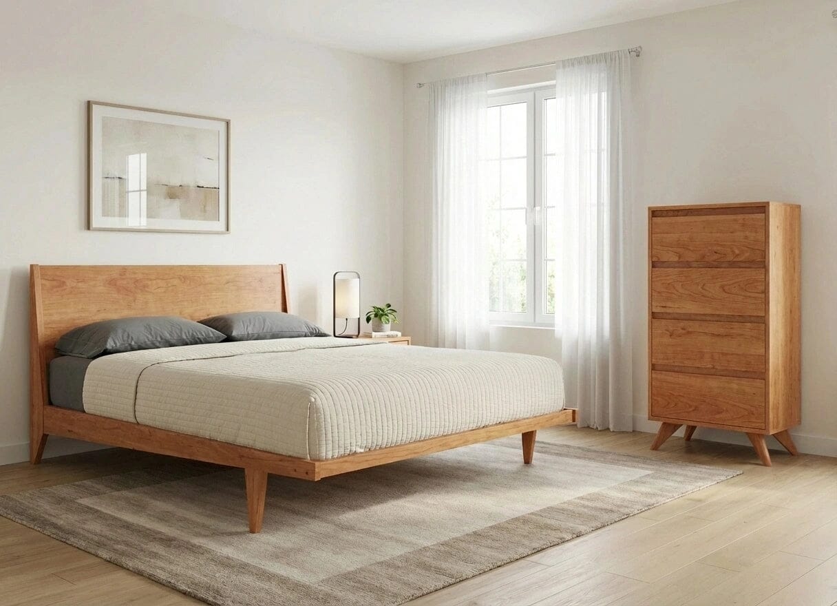 Minimalist bedroom with a wooden bed frame, gray pillows, beige bedding, the Tall Mid-Century Modern Dresser - Solid Wood by TY Fine Furniture, a large window with sheer curtains, a modern lamp, and a neutral rug on light wood flooring.