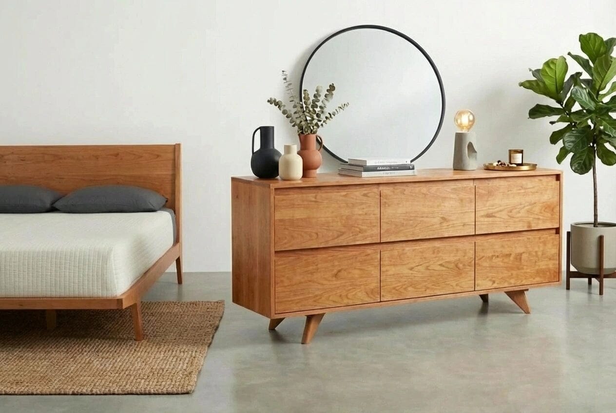 A modern bedroom with a wooden bed frame, the TY Fine Furniture Columbus Mid-Century Modern Dresser, a round mirror, decorative vases, a plant, and a beige rug on concrete flooring against a white wall.