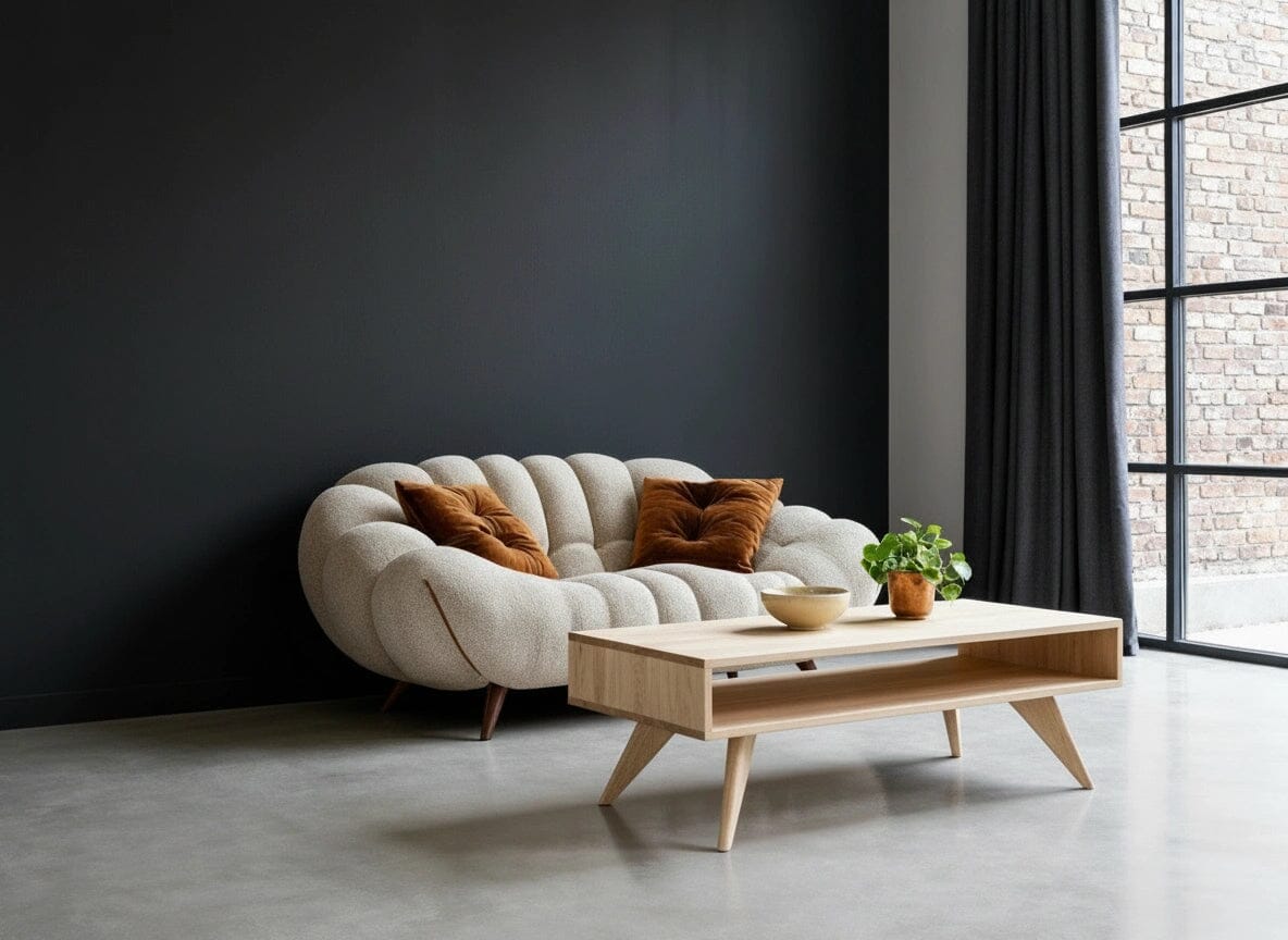 A modern living room features a tufted beige sofa with two brown pillows and a TY Fine Furniture Modern Coffee Table in Maple, holding a bowl and potted plant, set against a dark wall and large window with black curtains.