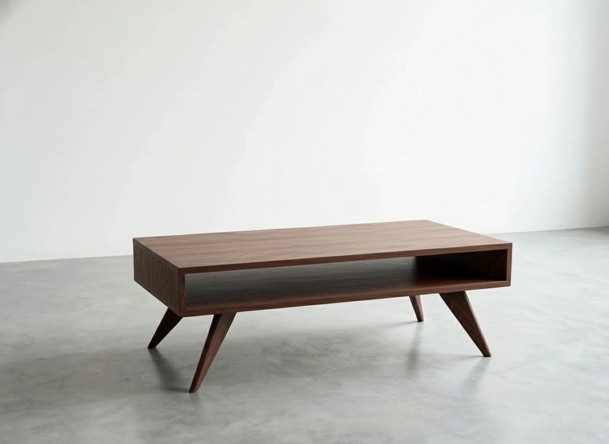 The TY Fine Furniture Modern Coffee Table in Walnut is a minimalist, mid-century solid wood piece with angled legs and an open shelf, shown on a light gray floor against a plain white wall. Available in Columbus, OH.