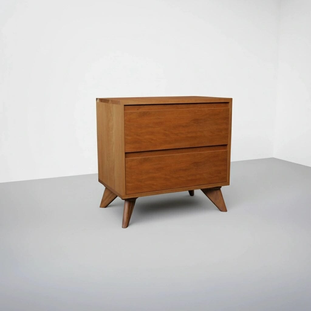 The Modern Cube Side Table by TY Fine Furniture, crafted from solid wood, showcases a mid-century modern design with clean lines and angled legs, set in a minimal room with light gray floors and white walls.