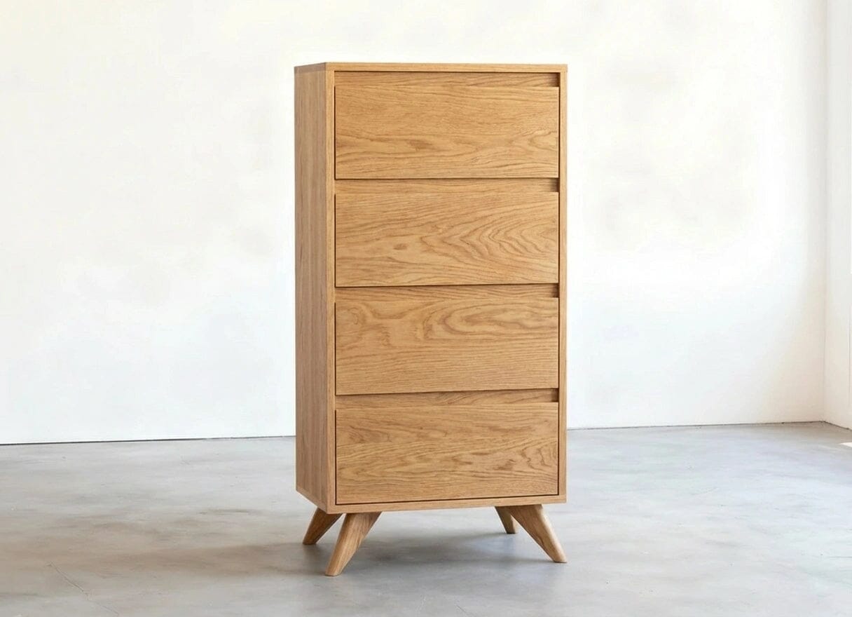 The Tall Modern Dresser in White Oak by TY Fine Furniture features four drawers and angled legs, standing on a gray floor against a white wall. This solid wood piece combines clean lines with modern style, crafted in Columbus, OH.