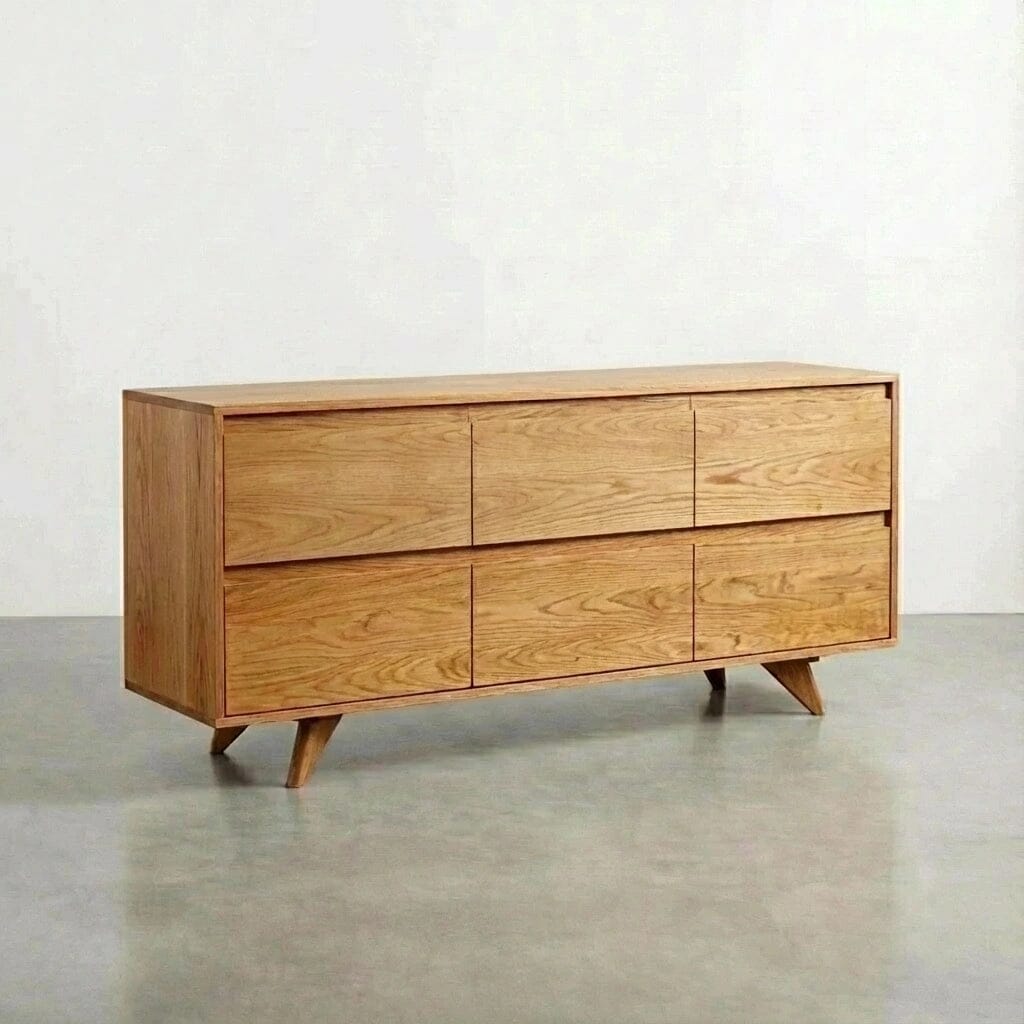 The Colum Modern Mid-Century Dresser by TY Fine Furniture features six drawers, angled legs, and a smooth white oak finish. Crafted from solid wood, this minimalist dresser offers timeless elegance and modern design.