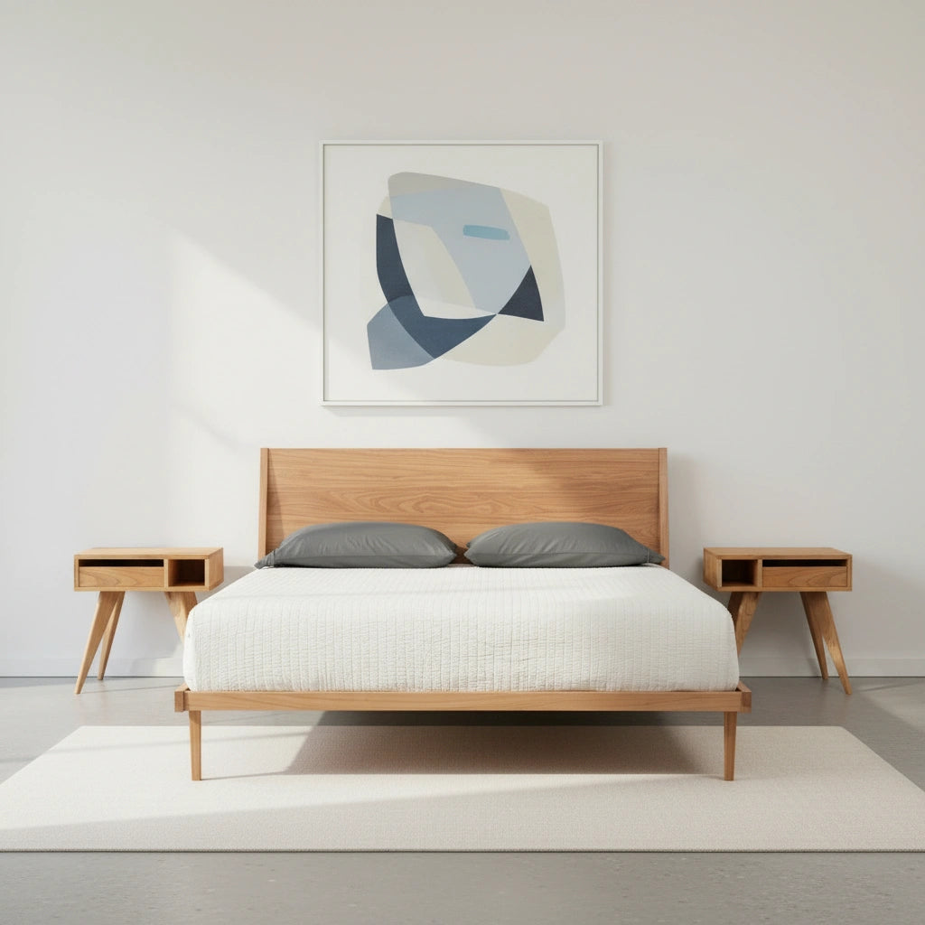 Front view of the Modern ONE Platform Bed and Modern Side Tables in white oak, made in the USA using natural hardwood, by T.Y. Fine Furniture.