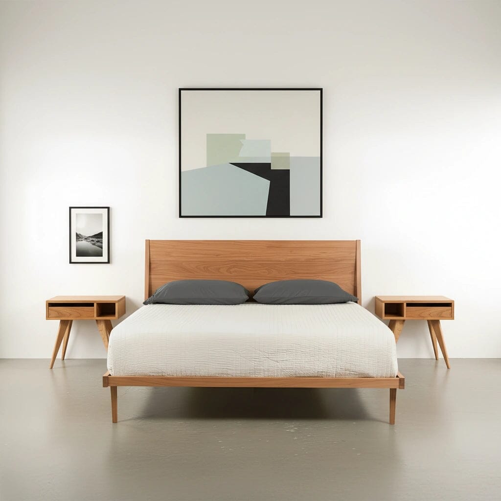 Front view of the Modern "ONE" Platform Bed and Modern Side Tables in Cherry, made in the USA using natural hardwood