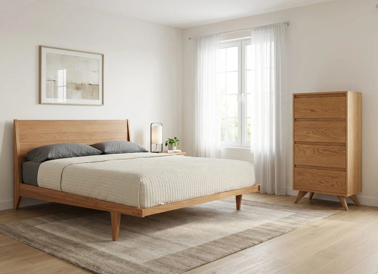 A modern, minimalist bedroom with a wooden bed frame, gray pillows, beige bedding, a TY Fine Furniture Tall Modern Dresser in White Oak, a rug, bedside lamp, abstract art, and sheer white curtains on a large window.
