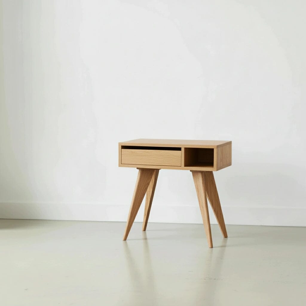 The Mid-Century Modern Side Table - White Oak by TY Fine Furniture features angled legs, an open shelf, and a drawer—handcrafted for modern spaces and shown on a light floor against a white wall.