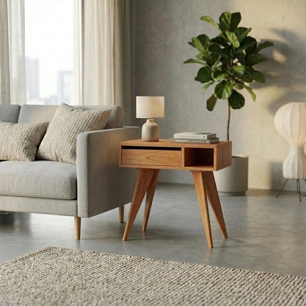 A modern living room with a light gray sofa, a large green potted plant, neutral decor, and a bright sunlit vibe features the TY Fine Furniture Mid-Century Modern Side Table in cherry, topped with a lamp and books atop a textured rug.