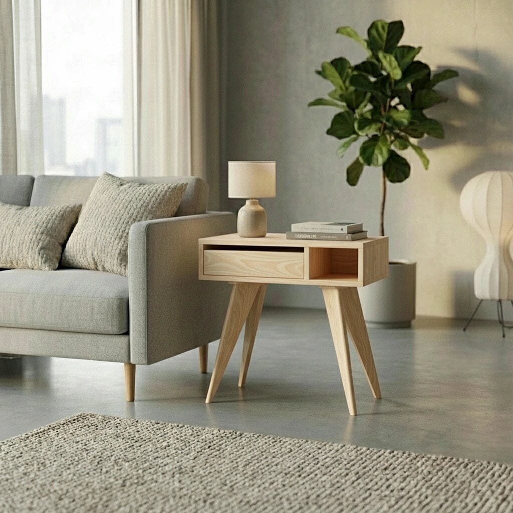A modern living room with a light grey sofa, a TY Fine Furniture Mid-Century Modern Side Table in maple holding a small lamp and books, a large green plant, a textured rug, and soft neutral tones.