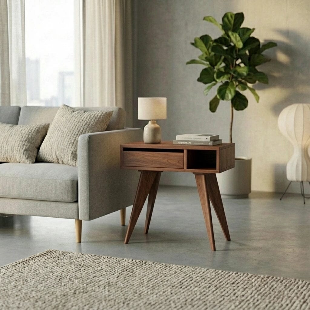 A modern living room with a gray sofa, beige textured rug, TY Fine Furniture’s Mid-Century Modern Side Table in walnut topped with a lamp and books, a potted plant, and soft natural light streaming through the window.