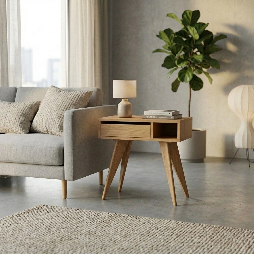 A modern living room with a light gray sofa, leafy potted plant, textured rug, neutral decor, and the TY Fine Furniture Mid-Century Modern Side Table in white oak holding a small lamp and books, all bathed in soft natural light.