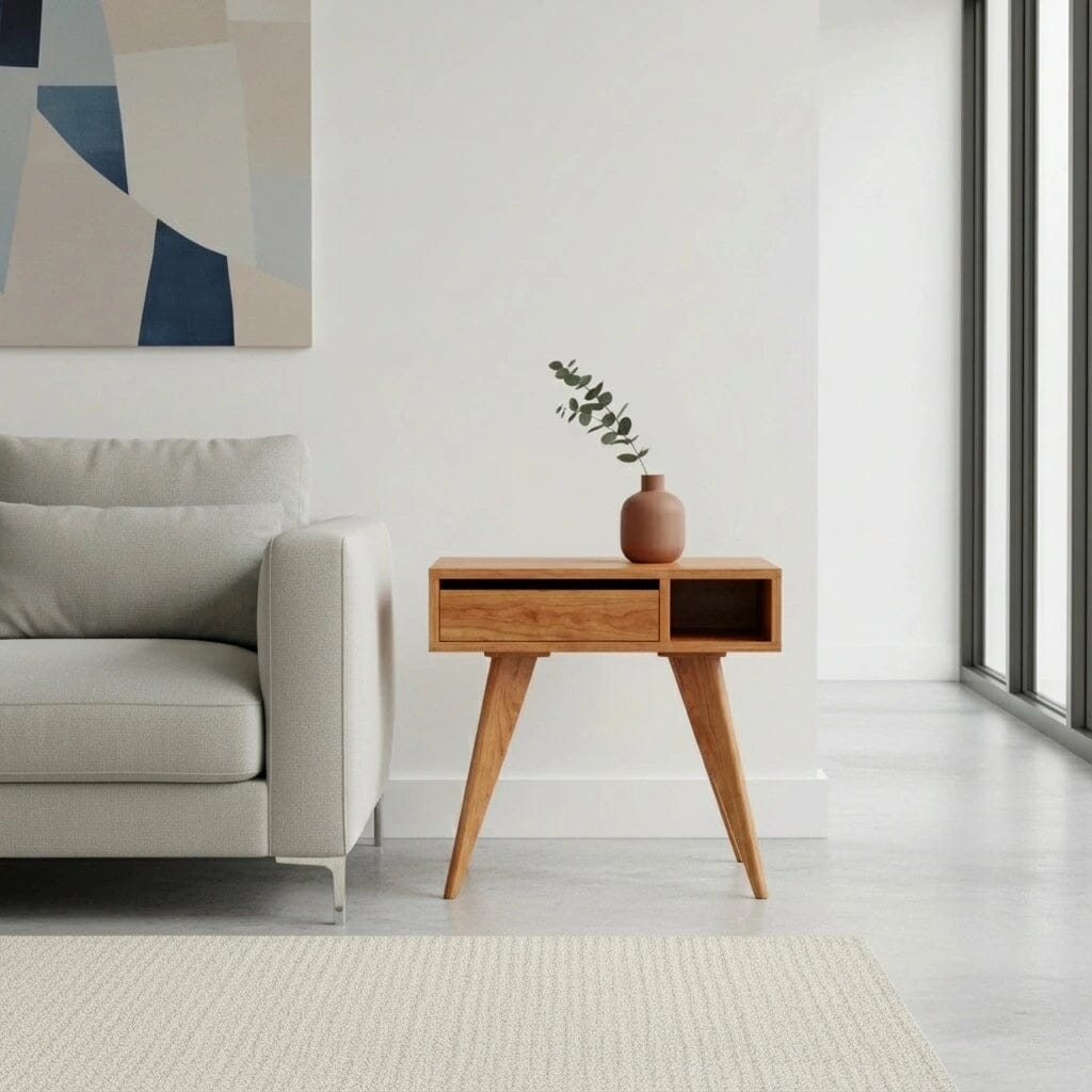 A modern living room featuring a light gray sofa, the TY Fine Furniture Mid-Century Modern Side Table in cherry with angled legs, a small vase of greenery, abstract wall art, and floor-to-ceiling windows streaming natural light.