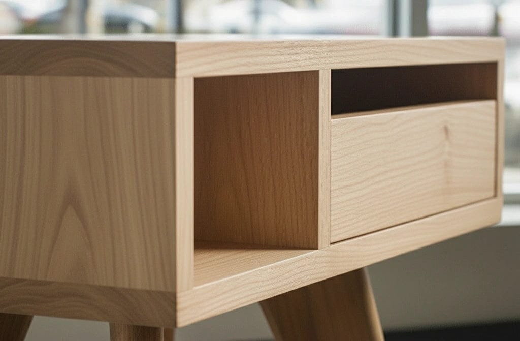 The TY Fine Furniture Mid-Century Modern Side Table - Maple features handcrafted light maple wood, an open shelf, and a drawer, shown close-up near a window with blurred outdoor scenery.