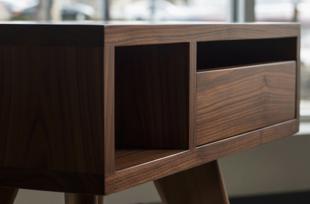Close-up of the TY Fine Furniture Mid-Century Modern Side Table in walnut, showcasing clean lines, an open cubby, shelf, and drawer—handcrafted and elegantly set indoors by a window with blurred outdoor scenery.