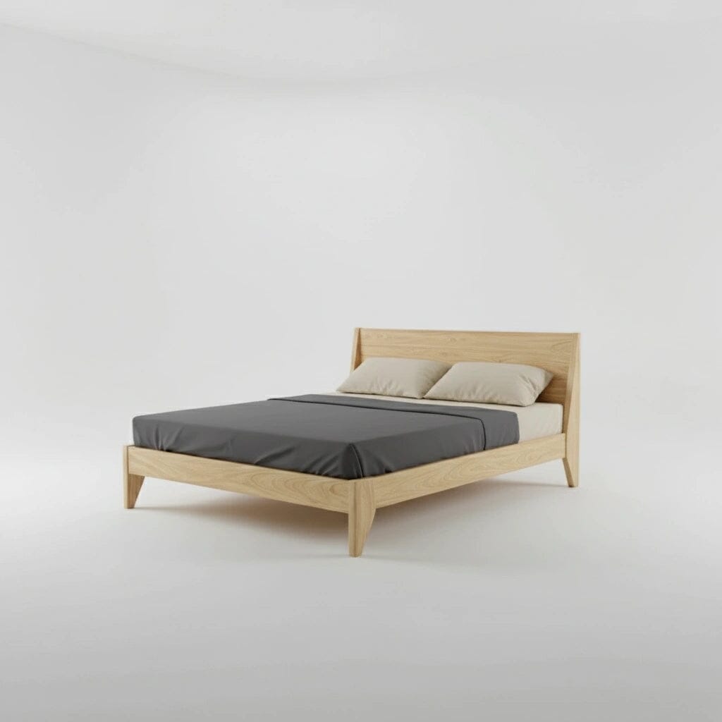 The Modern "TWO" Platform Bed by TY Fine Furniture features a minimalist solid maple wood frame with an organic finish, simple headboard, dark gray mattress, and two beige pillows—handcrafted mid-century modern quality shown on a plain white background.