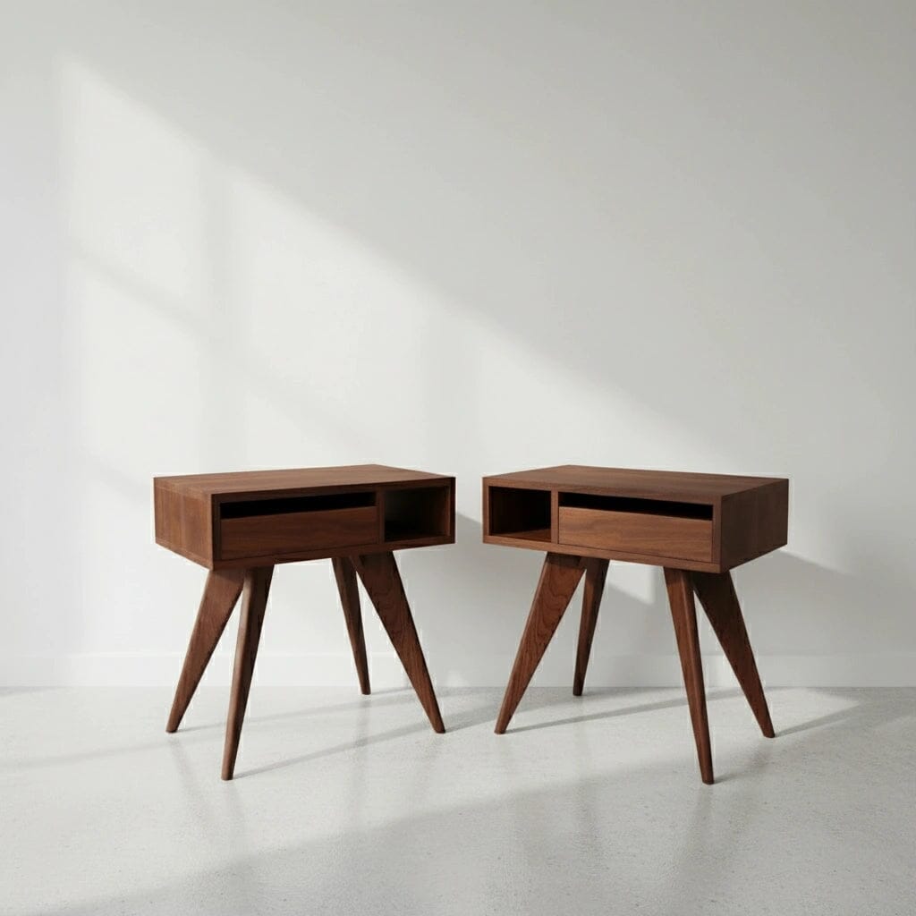 Two TY Fine Furniture Mid-Century Modern Side Tables in walnut, featuring open storage and angled legs, sit on a light floor by a white wall with soft shadows—ideal handcrafted pieces for contemporary spaces.